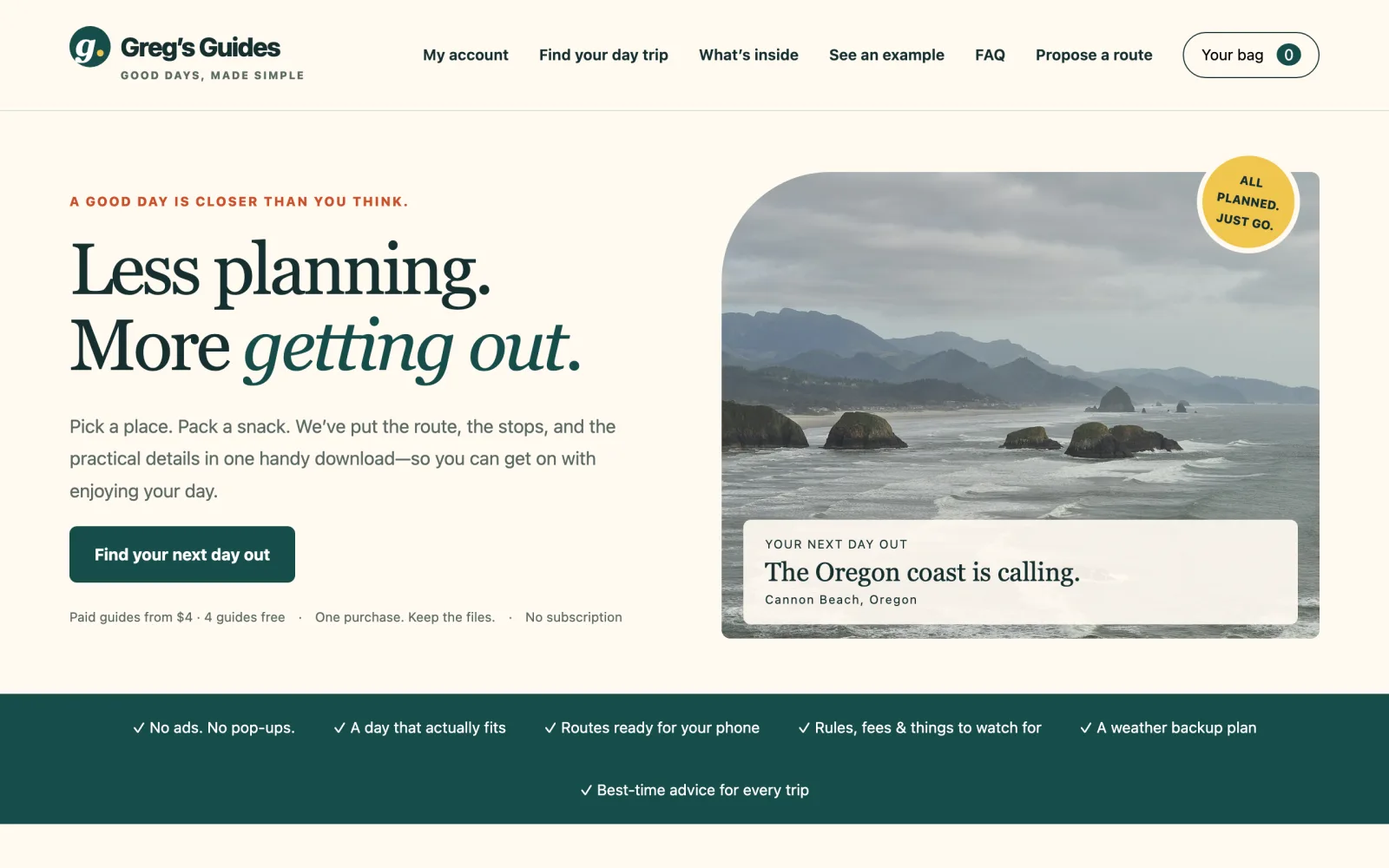 The Greg's Guides home page, with the headline 'Less planning. More getting out.' beside a photo of the Oregon coast at Cannon Beach.